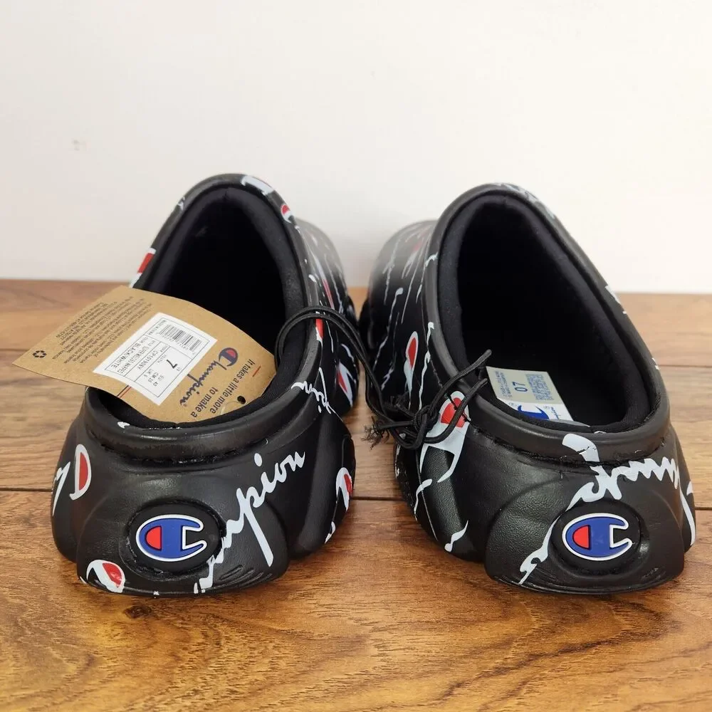 New Champion Super Meloso Warped Slides Black White Mens Sz 7 Closed Toe Slip on
